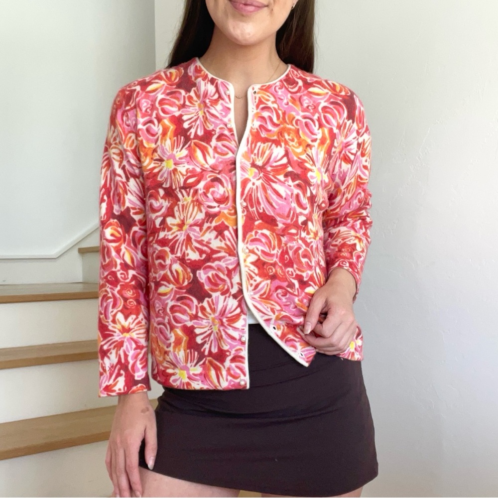 Frances Valentine Darling Pink Orange Floral Button Front Up Cardigan Sweater